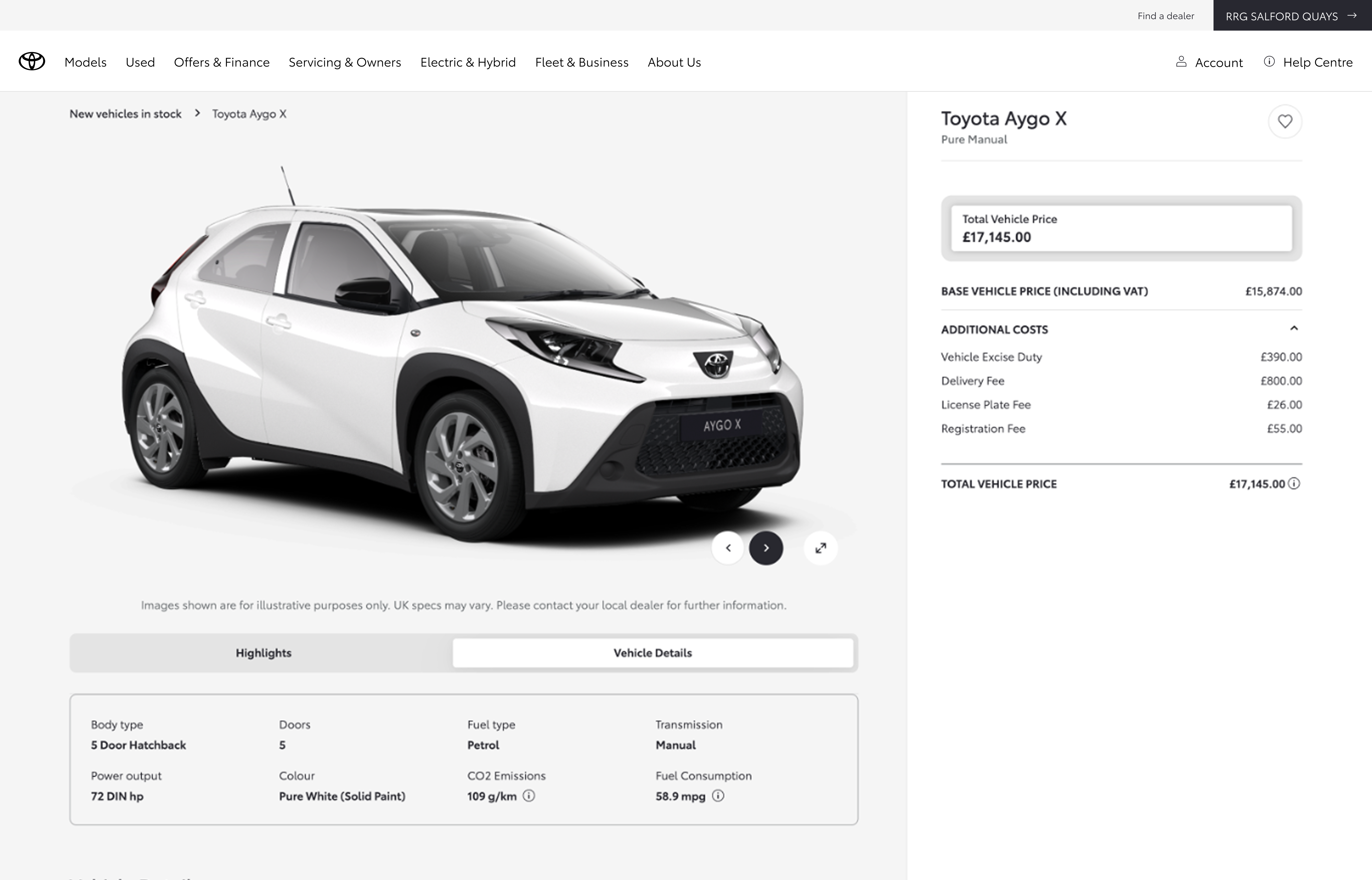 Toyota Aygo X product detail page, control: breadcrumb navigation and pricing sidebar
